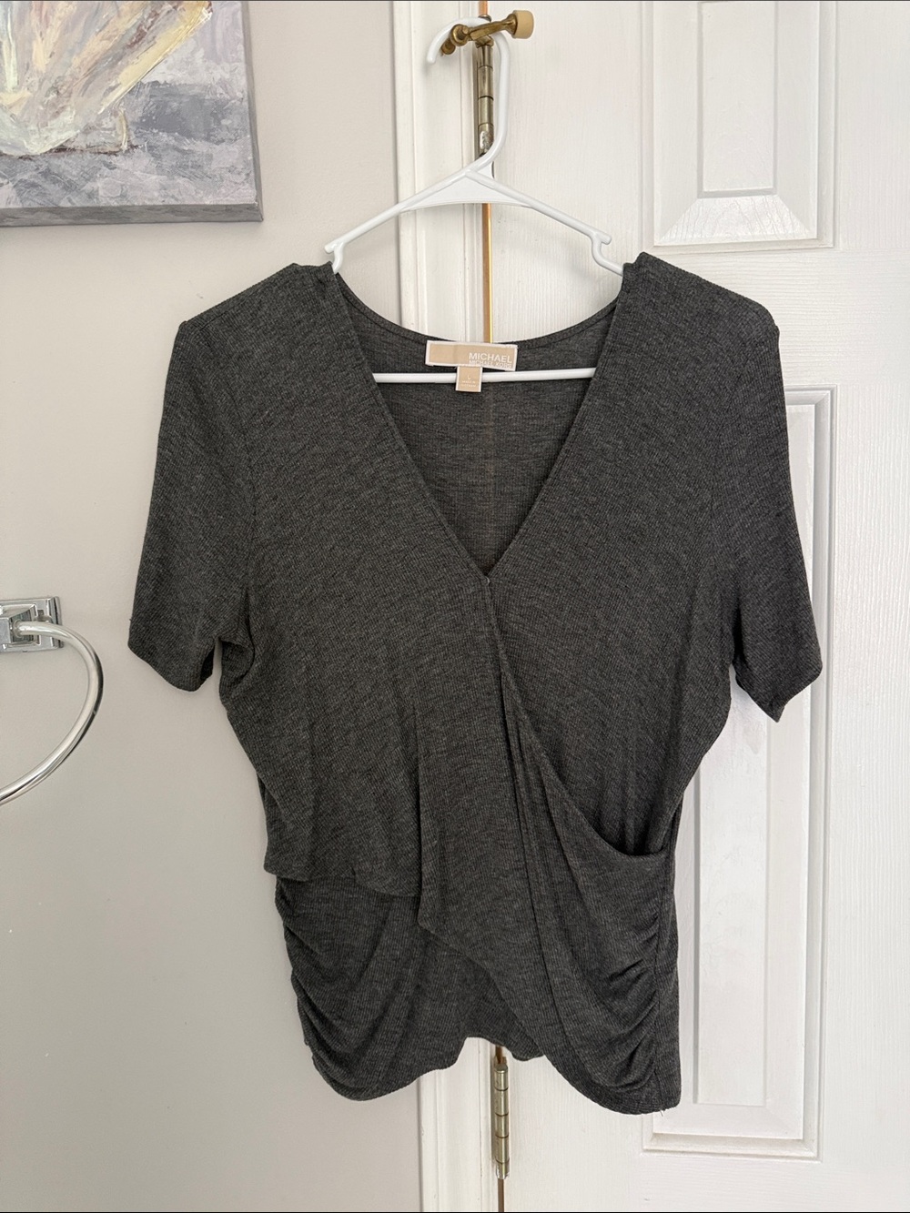 Michael Kors Dark Gray Short Sleeve V-Neck Wrap Top